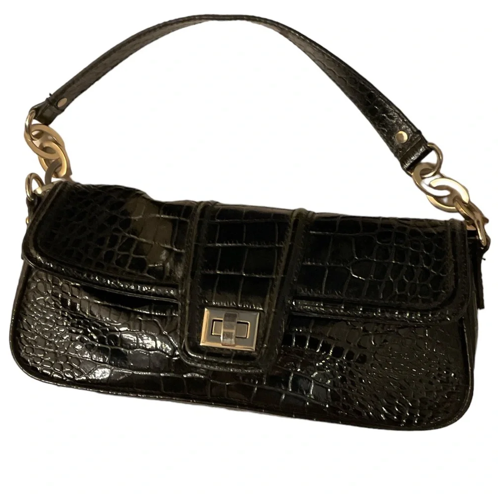 Black Paradox Leather Crocodile Shoulder Bag